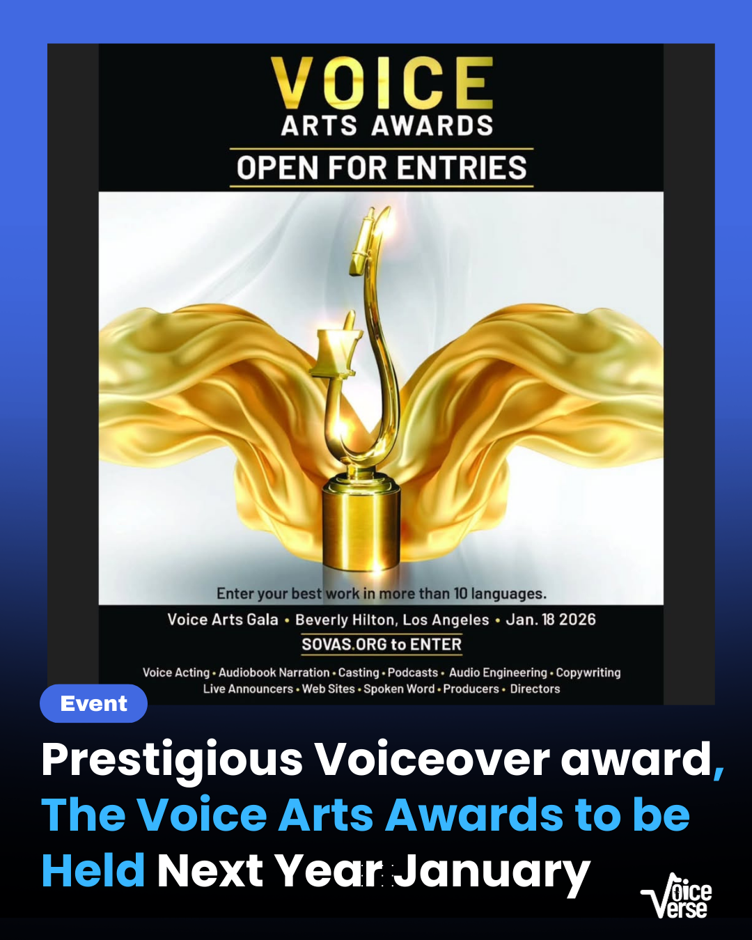 Prestigious Voiceover award, The Voice Arts Awards to be Held Next Year January